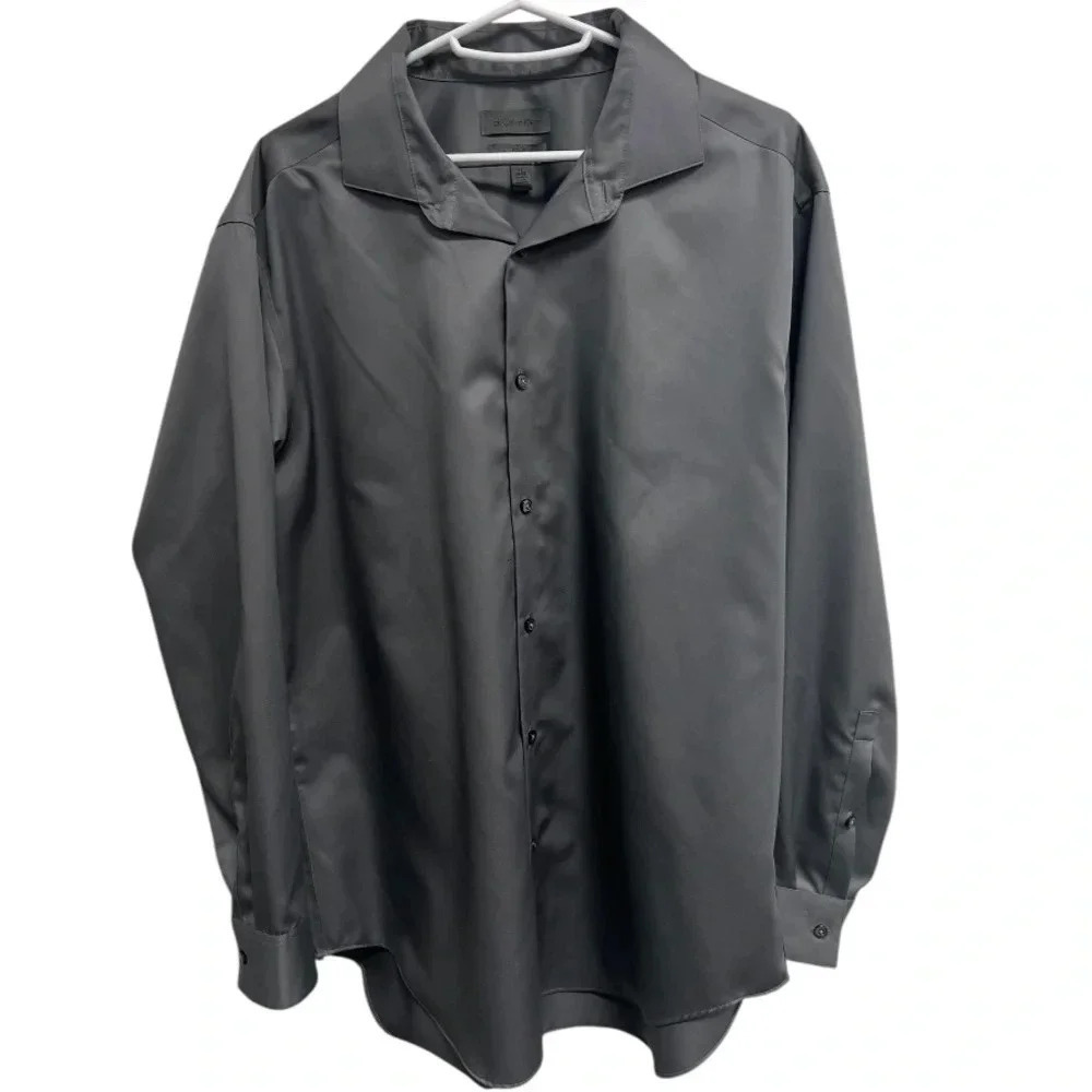 XL Mens Calvin Klein No Iron Dress Shirt Xl Gray Slim CK Long Sleeve Button Down